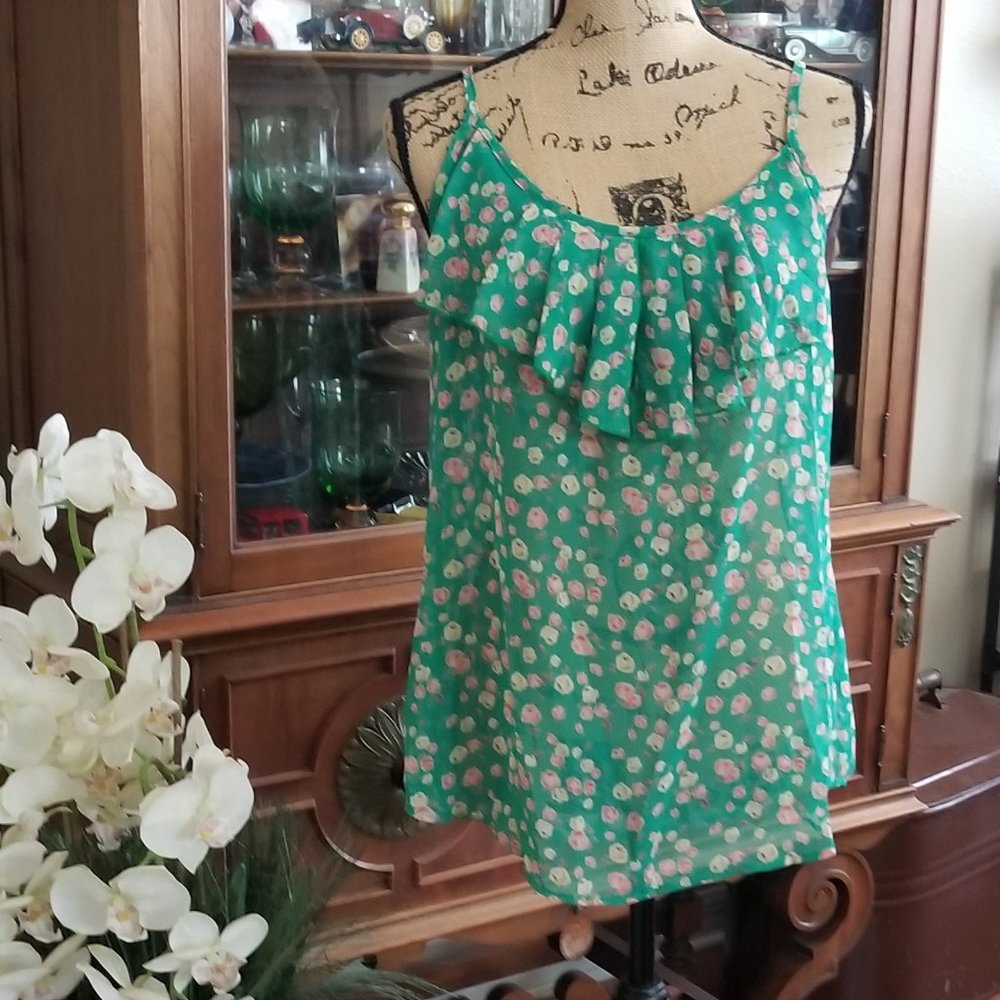 Blue Sketch green floral print tank size M